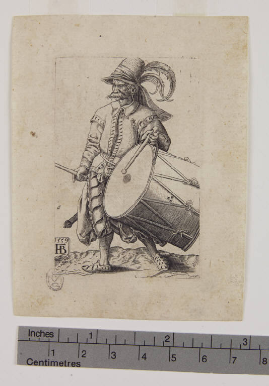 Soldato che suona un tamburo, Soldato che suona un tamburo (stampa) di Brun Franz Isaac (sec. XVI)