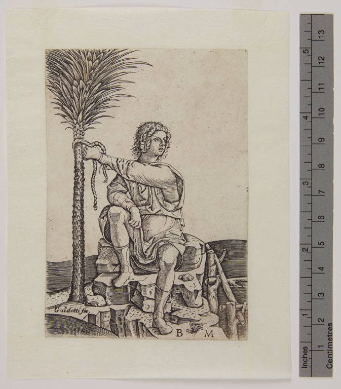 uomo seduto vicino ad una palma, Uomo seduto vicino ad una palma (stampa tagliata) di Montagna Benedetto (sec. XVI)