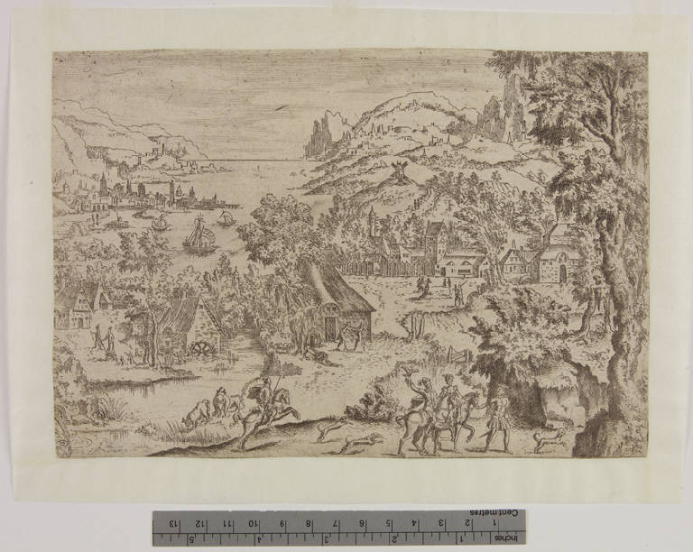 Paesaggio con cacciatori (stampa tagliata) di Davent Léon (metà sec. XVI)