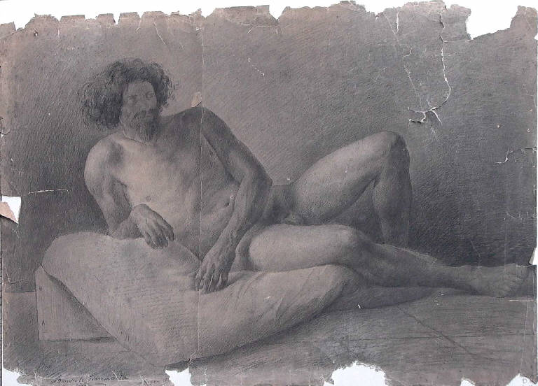 Figura maschile nuda seduta su un grande cuscino (disegno, opera isolata) di Bondioli Giovanni Maria (sec. XIX)