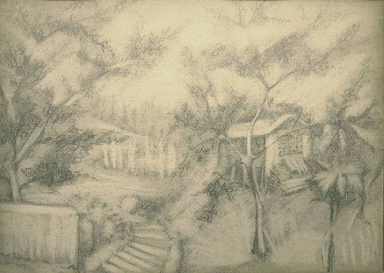 Paesaggio tra gli alberi (disegno, opera isolata) di Pelati Vittorio (metà sec. XX)