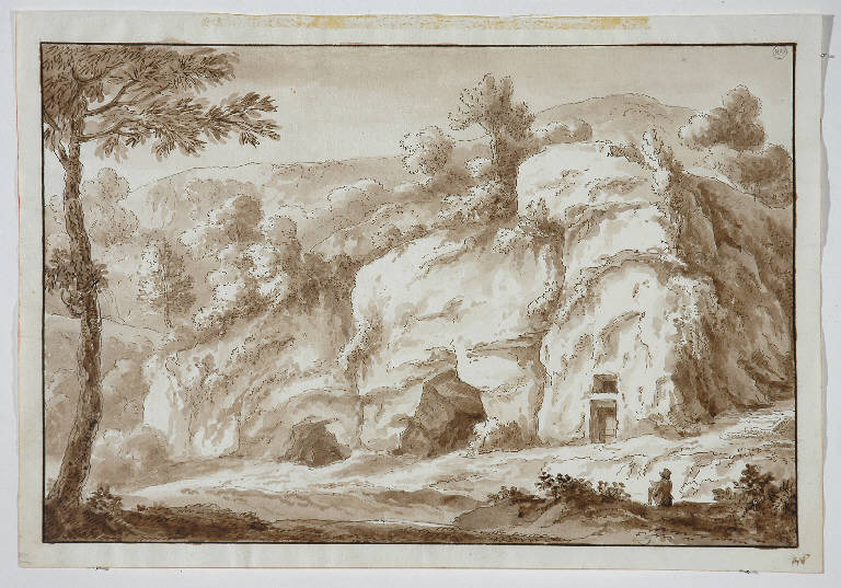 PAESAGGIO CON ARTISTA (disegno, opera isolata) di Monti Tiziano (secc. XVIII/ XIX)