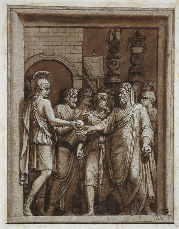 Ingresso di Adriano in Roma (disegno, opera isolata) di Bartoli Pietro Santi (sec. XVII)