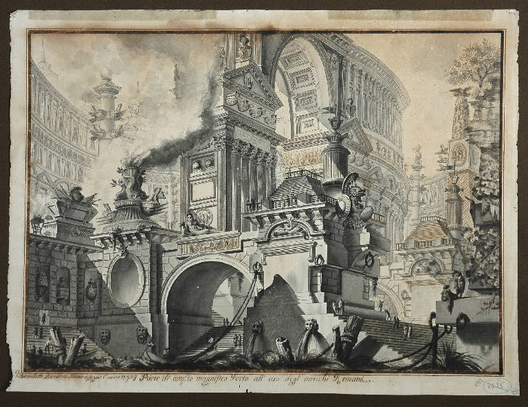 Veduta fantastica di porto antico (disegno, opera isolata) di Piandrini Benedetto (sec. XVIII)