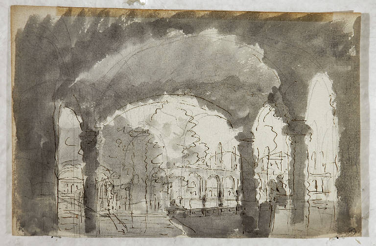 Scena raffigurante un portico da cui si vede un sontuoso edificio, VEDUTA PROSPETTICA (disegno, opera isolata) di Vacca Luigi (sec. XIX)