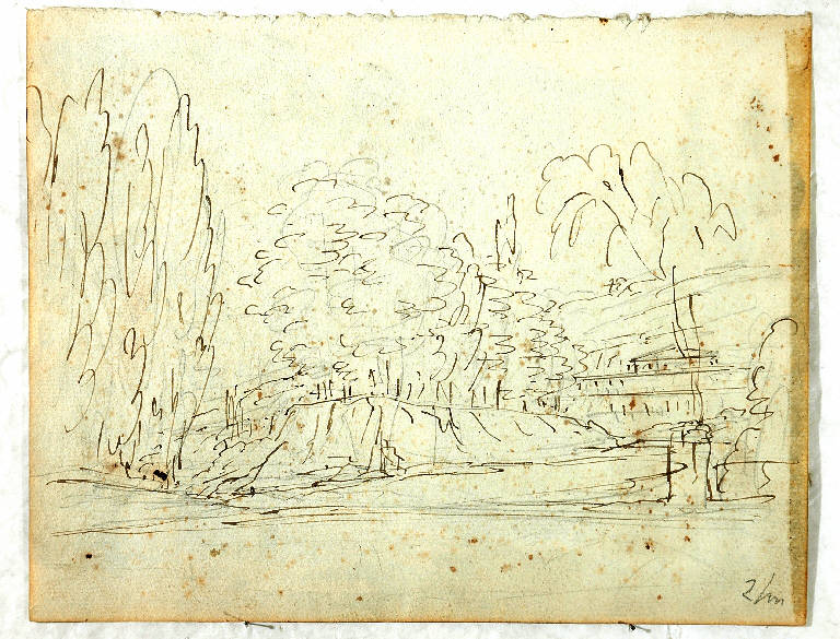 Schizzo per scena raffigurante un giardino con grande edificio sul fondo, PAESAGGIO CON ARCHITETTURE (disegno, opera isolata) di Vacca Luigi (sec. XIX)