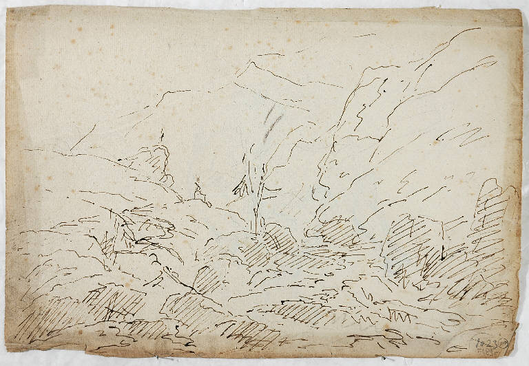 Schizzo per scena raffigurante un paesaggio montuoso, PAESAGGIO MONTANO (disegno, opera isolata) di Vacca Luigi (secondo quarto sec. XIX)