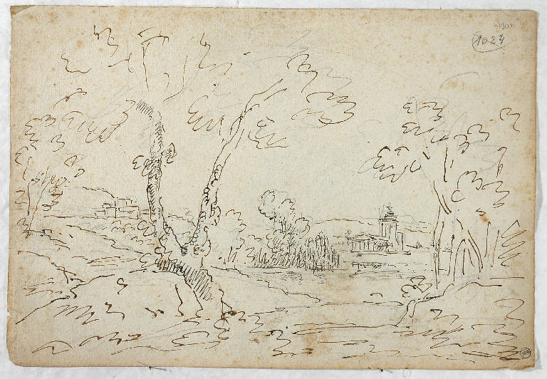 Scena raffigurante un paesaggio con chiesa sul fondo/ Scena raffigurante un paesaggio con ponte e templi, PAESAGGIO/ PAESAGGIO (disegno, opera isolata) di Vacca Luigi (sec. XIX)