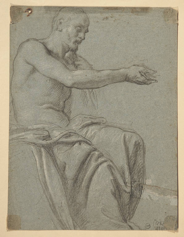 FIGURA MASCHILE SEDUTA/ Studio di panneggio e studio per figura femminile (disegno, opera isolata) - ambito bolognese (prima metà sec. XVII)