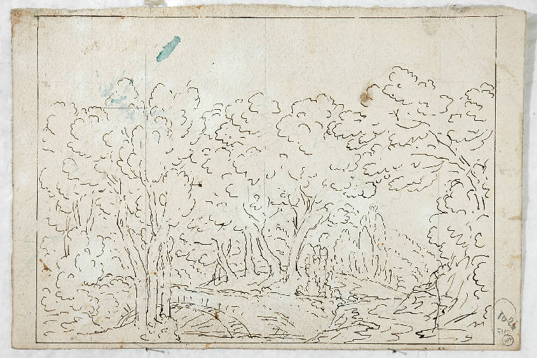 Scena raffigurante un bosco con ponticello in pietra, PAESAGGIO CON ALBERI (disegno, opera isolata) di Vacca Luigi (sec. XIX)