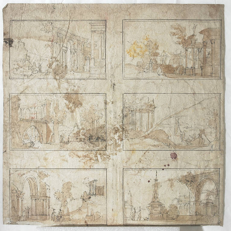 Sei piccoli capricci con rovine classiche e figurini, Architetture (disegno, opera isolata) - ambito italiano (primo quarto sec. XIX)