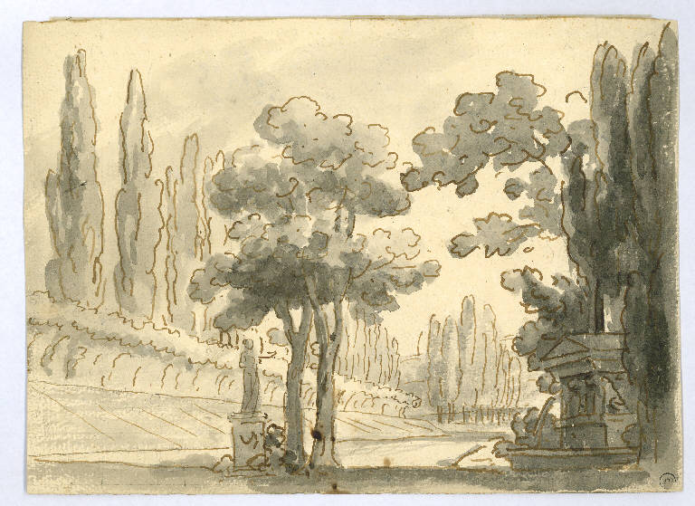 Scena raffigurante giardino con statua e piccolo monumento, Giardino con statue (disegno, opera isolata) - ambito Italia settentrionale (sec. XIX)