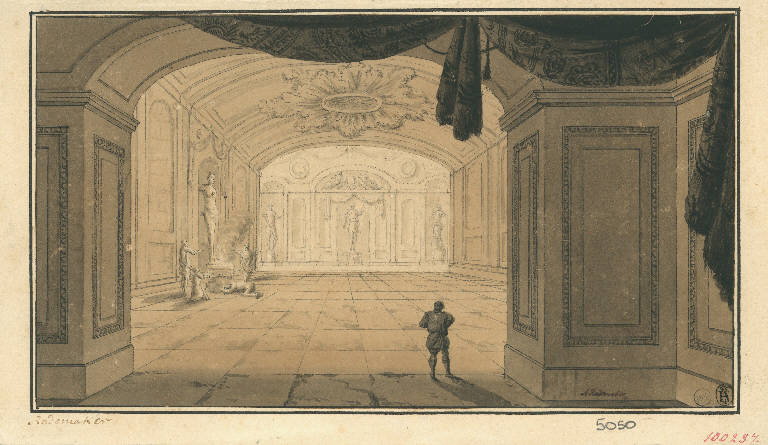 Scena raffigurante un interno magnifico con grande monumento e figure, Interno (disegno, opera isolata) di Rademaker Abramo (sec. XVIII)