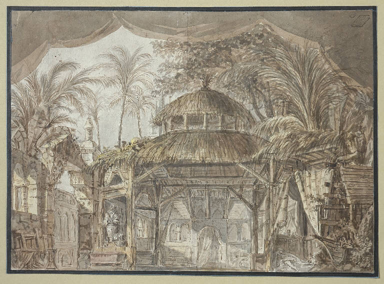 Scena teatrale d'ispirazione esotica, Veduta di citta' esotica (disegno, opera isolata) di Vacca Luigi (secondo quarto sec. XIX)