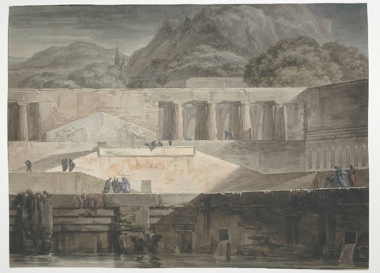Architettura monumentale in stile greco romano con figure e sfondo montuoso, Architetture (disegno, opera isolata) di Palagi Pelagio (primo quarto sec. XIX)