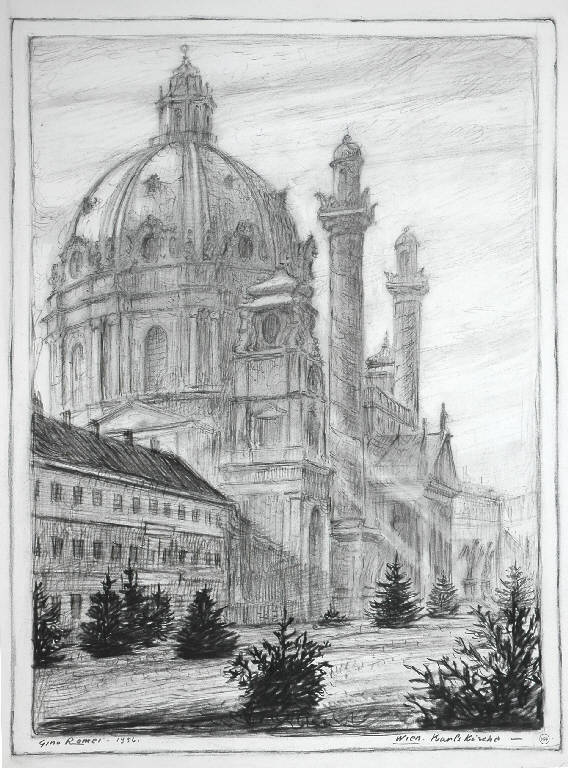 Veduta della Chiesa di S. Carlo a Vienna (disegno, opera isolata) di Romei Gino (sec. XX)