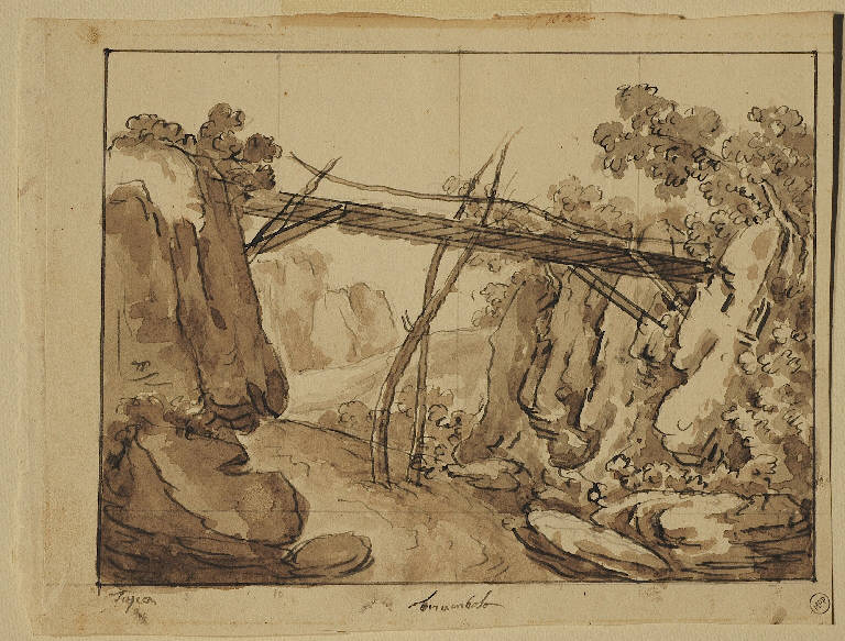 Scena raffigurante un ponte in legno tra le rocce, Paesaggio fluviale (disegno, opera isolata) di Tasca Luigi (primo quarto sec. XIX)