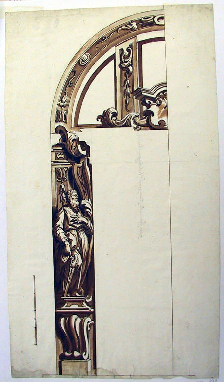 Cornice architettonica con motivi decorativi e figure per una cappella della chiesa ad Albosaggia (disegno, opera isolata) di Ligari Giovanni Pietro (sec. XVIII)