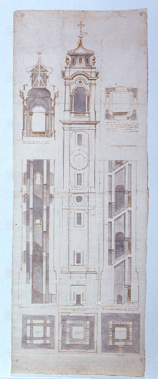 Sezione e prospetto del campanile della chiesa dei Santi Gervasio e Protasio a Sondrio (disegno, opera isolata) di Ligari Giovanni Pietro (sec. XVIII)