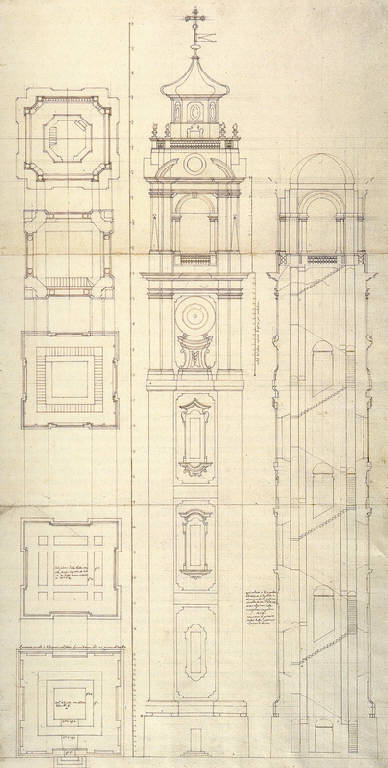 Sezione e prospetto del campanile della chiesa dei Santi Gervasio e Protasio a Sondrio (disegno, opera isolata) di Ligari Giovanni Pietro (sec. XVIII)