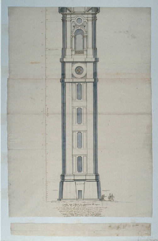 Prospetto del campanile della chiesa dei Santi Gervasio e Protasio a Sondrio (disegno, opera isolata) di Ligari Giovanni Pietro (sec. XVIII)
