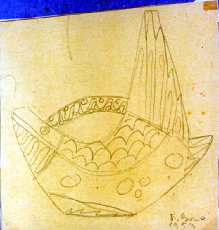 Progetto di vaso pesce, Vaso con pesce stilizzato (disegno, opera isolata) di Borio Fernanda (metà sec. XX)