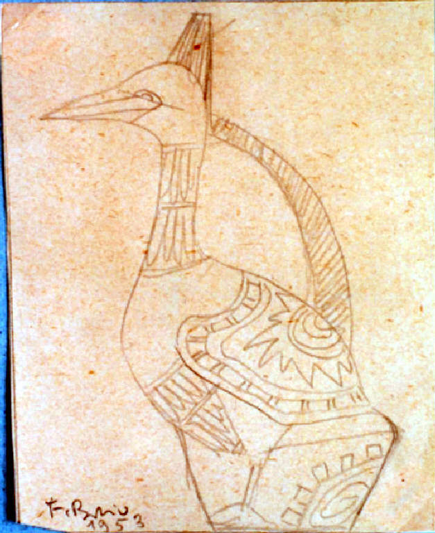 Progetto di brocca uccello, Brocca con uccello (disegno, opera isolata) di Borio Fernanda (metà sec. XX)