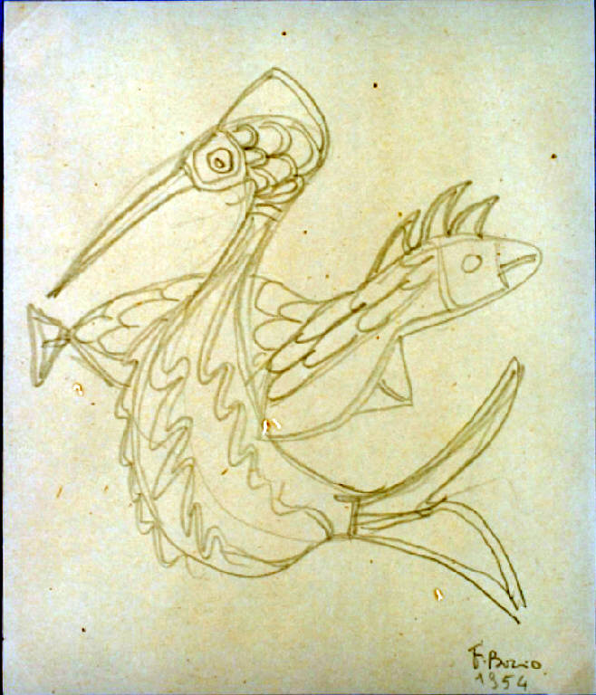 Progetto uccello e pesce, Uccello e pesce (disegno, opera isolata) di Borio Fernanda (metà sec. XX)