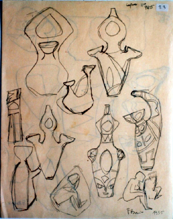 Progetto di forme di brocche a figure, Brocche (disegno, opera isolata) di Borio Fernanda (metà sec. XX)