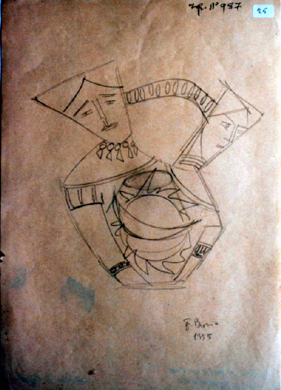 Progetto di brocca con due teste femminili, Brocca con teste femminili (disegno, opera isolata) di Borio Fernanda (metà sec. XX)