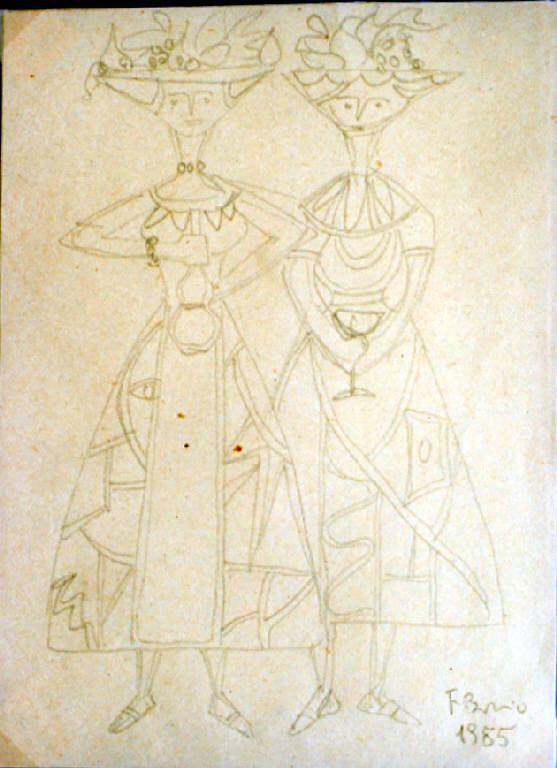 Progetto per ceramica con due figure femminili, Figure femminili (disegno, opera isolata) di Borio Fernanda (metà sec. XX)