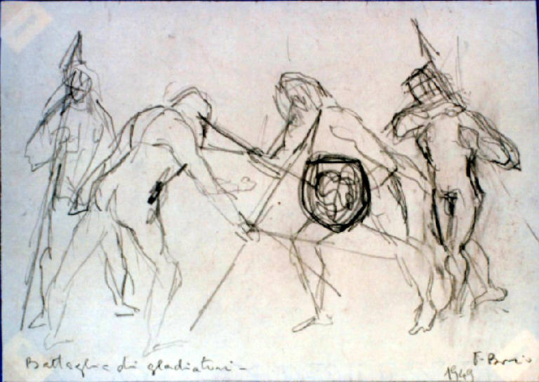 Battaglia di gladiatori, Battaglia (disegno, opera isolata) di Borio Fernanda (metà sec. XX)