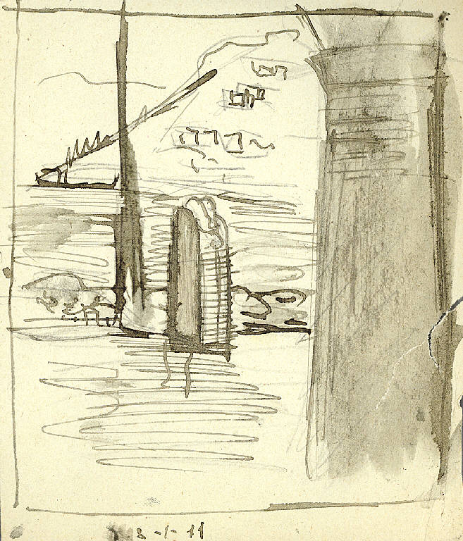 Piazza Cavour, Veduta di piazza Cavour a Como (disegno) di Parisi, Domenico detto Ico Parisi (secondo quarto sec. XX)