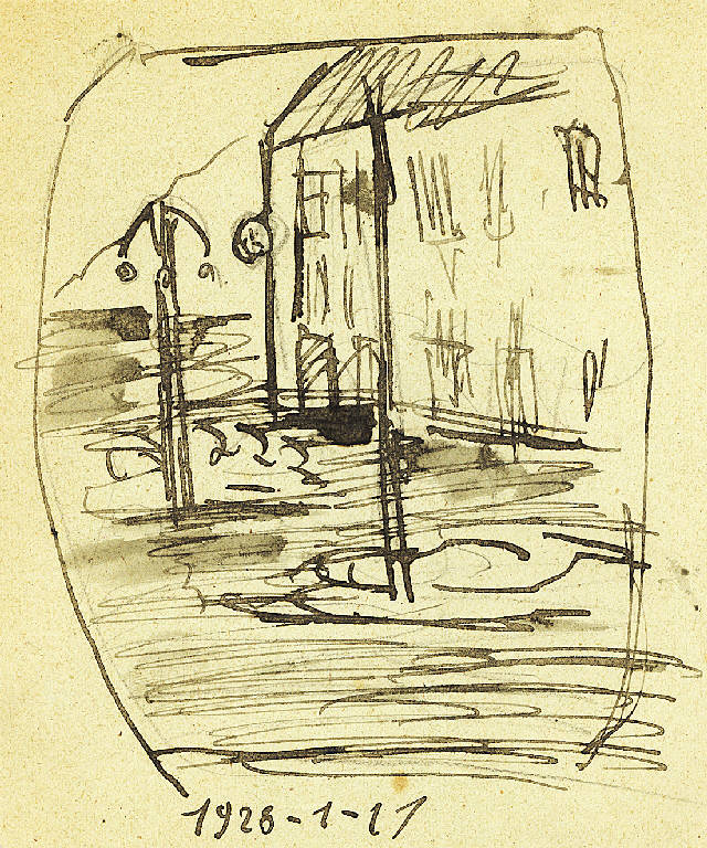 piazza Cavour, Veduta di piazza Cavour a Como (disegno) di Parisi, Domenico detto Ico Parisi (secondo quarto sec. XX)