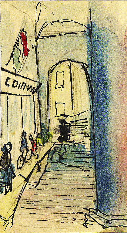 portici Plinio, Veduta dei portici Plinio a Como (disegno) di Parisi, Domenico detto Ico Parisi (secondo quarto sec. XX)