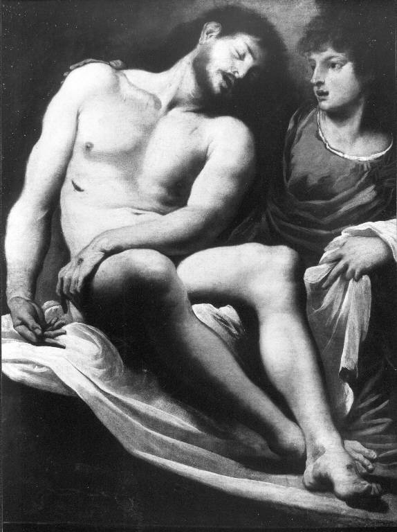 Cristo morto sorretto da un angelo (dipinto) di Muttoni Pietro detto Pietro della Vecchia (prima metà sec. XVII)