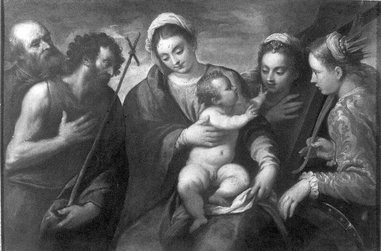 Sacra Famiglia con San Giovanni Battista, Sant'Elena e Santa Caterina d'Alessandria (dipinto) di Negretti Jacopo detto Palma il Giovane (seconda metà sec. XVI)