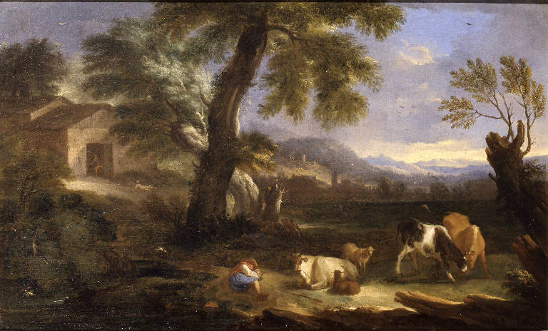 Paesaggio campestre con pastore e animali (dipinto) - ambito genovese (sec. XVIII)