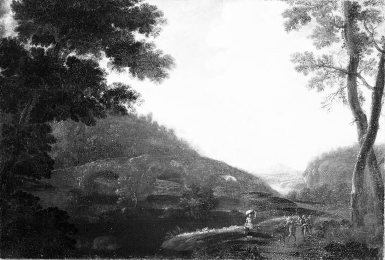 Paesaggio fluviale con figure (dipinto) - ambito romano (sec. XVII)