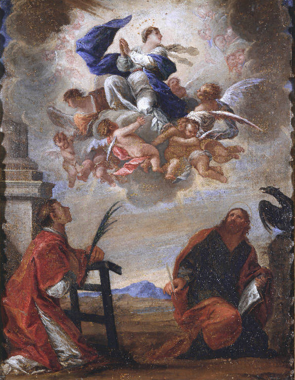 Madonna in gloria tra San Lorenzo e San Giovanni Evangelista (dipinto) di Cotta Giacomo (sec. XVII)
