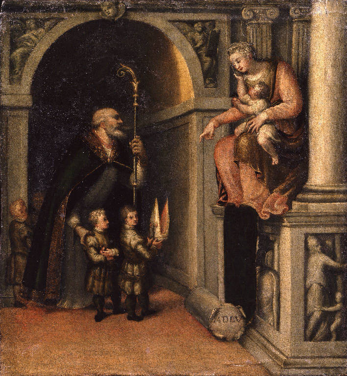 San Nicola di Bari presenta tre fanciulli alla Madonna (dipinto) di Colleoni Girolamo (sec. XVI)