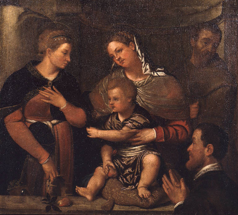 Madonna con Bambino tra Santa Caterina d'Alessandria, San Francesco d'Assisi e devoto (dipinto) di Colleoni Girolamo (sec. XVI)