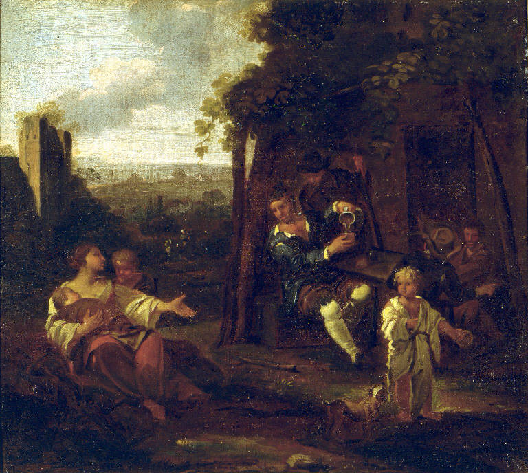 Scena di genere con bevitori e pitocchi (dipinto) di Helmbreker Dirk (sec. XVII)