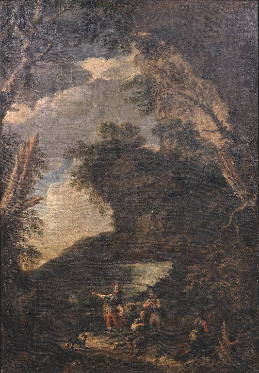 Paesaggio con alberi e soldati (dipinto) di Rosa Salvator (maniera) (sec. XVII)
