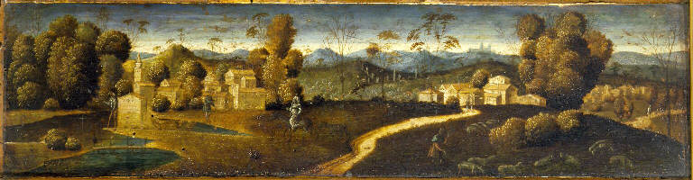 Paesaggio campestre con villaggio e figure (dipinto) - ambito veneto (sec. XVI)