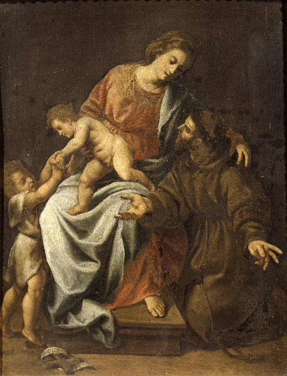 Madonna con Bambino, San Giovanino e San Francesco d'Assisi (dipinto) di Turchi Alessandro detto Orbetto (sec. XVII)