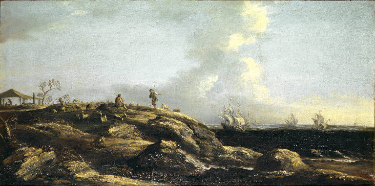 Marina con pastori e navi (dipinto) di Sanz Johann Georg (sec. XVIII)