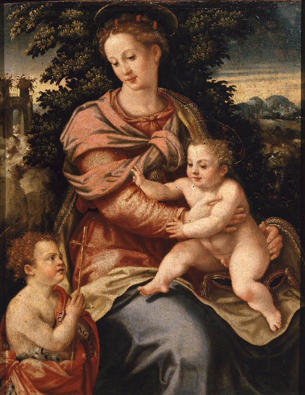 Madonna con Bambino e San Giovannino (dipinto) di Girolamo da Carpi (cerchia) (sec. XVI)