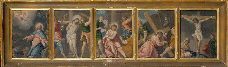 Cristo crocifisso con la Madonna e le pie donne (dipinto, elemento d'insieme) di Maffeo da Verona (sec. XVI)