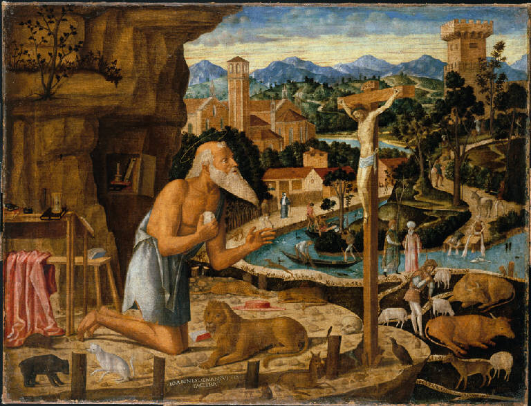 Paesaggio con San Girolamo penitente (dipinto) di Mansueti Giovanni (inizio sec. XVI)